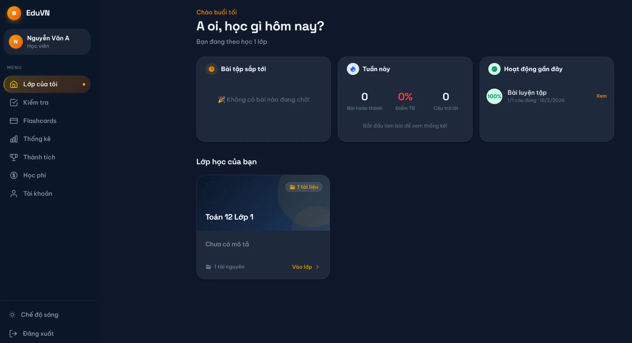 Dashboard EduSmart LMS hiển thị lớp học, bài tập và tiến độ học Toán